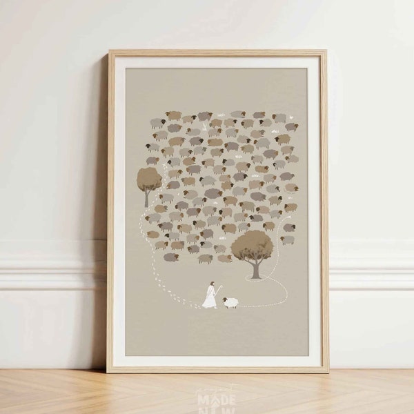 Jesús deja las 99 ovejas DESCARGA DIGITAL, Bosquejo bíblico de arte cristiano, Arte de la pared bíblica Una oveja perdida Regalo cristiano Impresión moderna de Jesús Boho