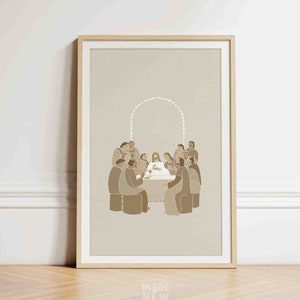 May include: A minimalist illustration of the Last Supper, featuring Jesus and his disciples gathered around a table. The image is rendered in shades of brown and beige, with a white archway above the scene.