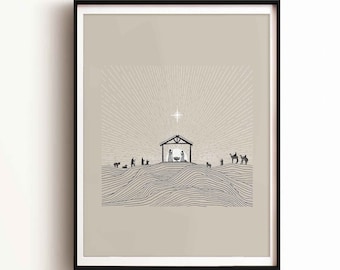 May include: A minimalist black and white illustration of the nativity scene with a star above the manger. The scene is set against a beige background with a subtle texture.