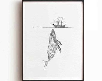 Jonah and the Whale Sketch Art Print, Christian Bible Verse (Digital Download)