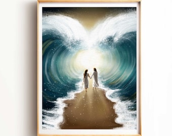 May include: A painting of two figures walking towards a bright light, surrounded by large, swirling waves. The figures are holding hands and are dressed in white robes. The background is a dark blue and green color.