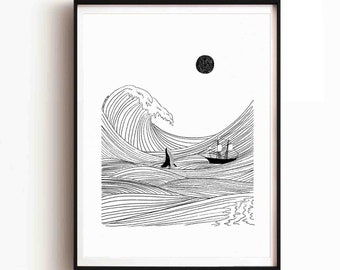 Jonah and the Whale Art Print, Minimalist Bible Story (Digital Download)