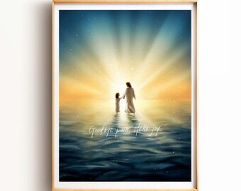 May include: A painting of a man and a child walking towards a bright light in the sky. The sky is a gradient of blue, yellow, and white. The water is a dark blue. The text "Goodbye pain. Hello joy." is written in the bottom center of the painting.