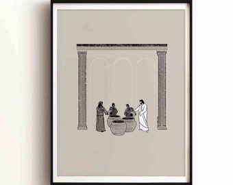 Wedding at Cana DIGITAL DOWNLOAD, Water into Wine Bible Art Christian Modern Bible Verse Art Print Jesus Bible Sketches Scripture Home Decor