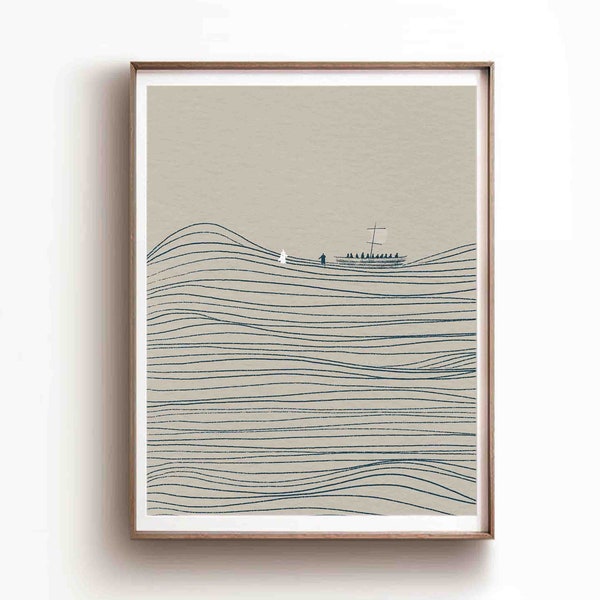 Jesus and Peter Walk on Water Print, Boho Bible Art (Digital Download)