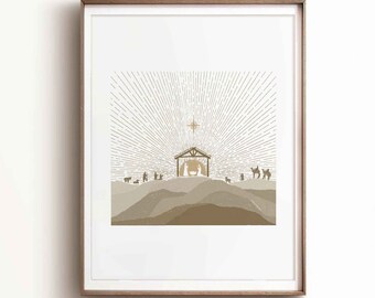 May include: A minimalist Christmas nativity scene with a star above a manger in a brown and beige landscape. The scene is framed in a brown wood frame.