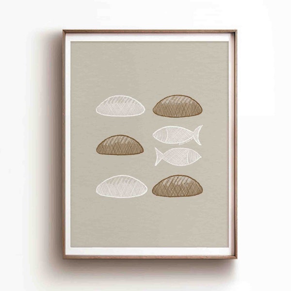 Lámina con la imagen de Jesús alimentando a 5000 personas, ilustraciones bíblicas, decoración cristiana para pared (descarga digital).