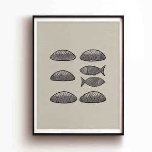 5 Loaves of Bread and 2 Fish DIGITAL DOWNLOAD, Bible Sketches Art, Jesus Feeds 5000 God provides Wall Art, Christian Gift Modern Jesus print