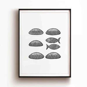 5 Loaves of Bread and 2 Fish DIGITAL DOWNLOAD, Bible Sketches Art, Jesus Feeds 5000 God provides Wall Art, Christian Gift Modern Jesus print