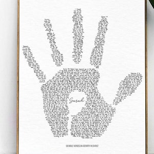 Handprint of God 50 Bible Verses on Identity, Thumbprint Fingerprint Custom Name, Christian, Bible art Scripture Art Print Gods Baptism Gift