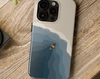 May include: A white phone case with a blue and white design of a boat in the ocean. The case has a camera lens cutout with four lenses.