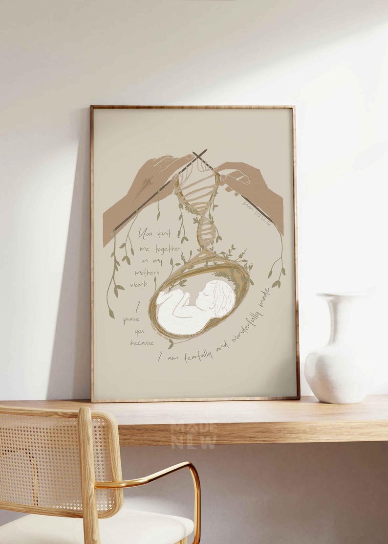Knitted Me in My Mother's Womb Framed Poster, Psalm 139, Pregnancy print, Baby Nursery Birth Fearfully Made, Modern Christian Bible Wall Art