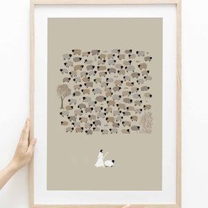 Puede incluir: Una impresi&oacute;n enmarcada de una ilustraci&oacute;n minimalista de un pastor con un bast&oacute;n y una manada de ovejas. Las ovejas son todas de diferentes tonos de marr&oacute;n y gris, y el pastor lleva una t&uacute;nica blanca. El fondo es de color beige claro.