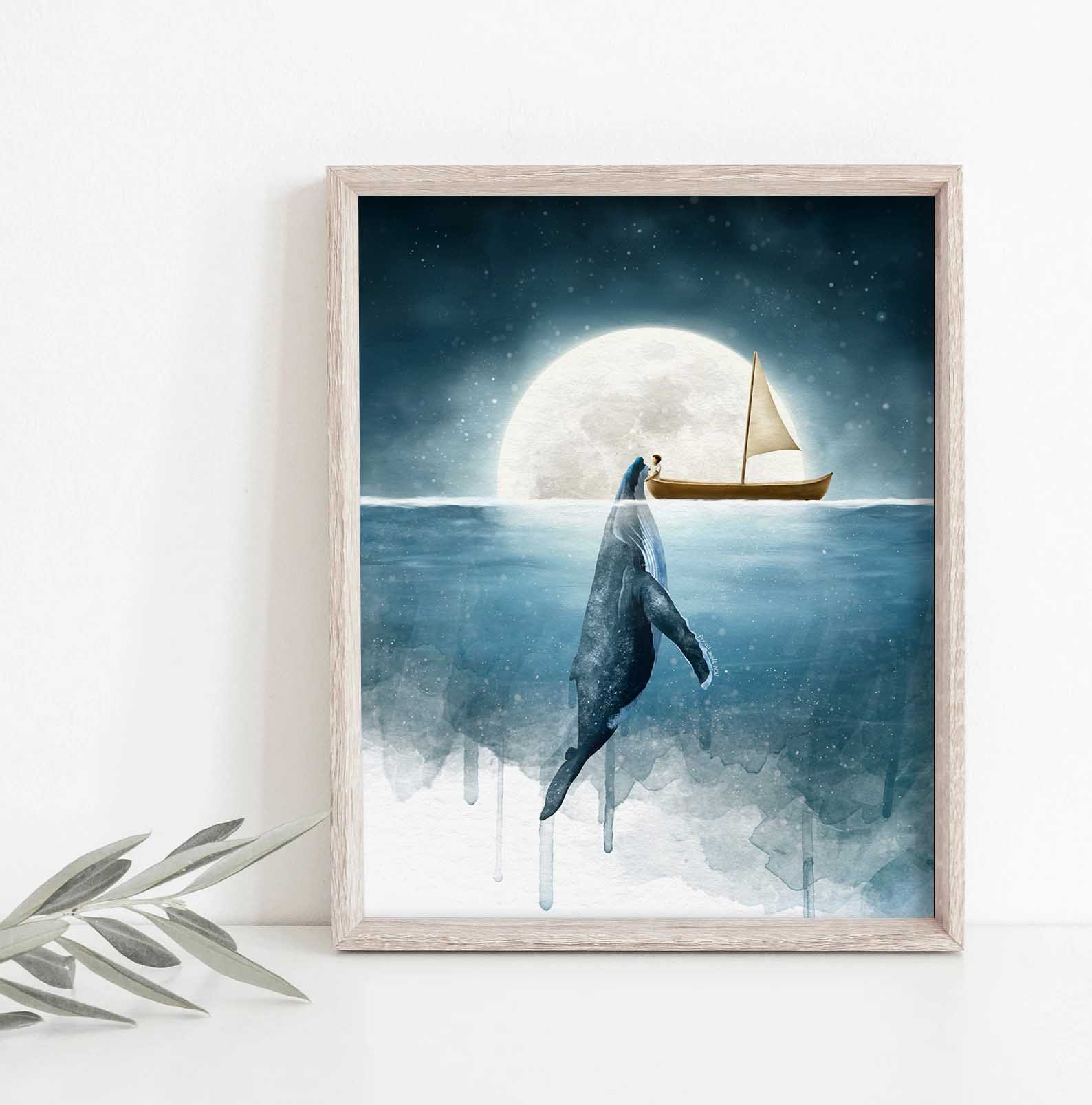 鯨オリジナル絵画 クジラの絵画、水彩画、クジラの版画、クジラと船と女の子男の子