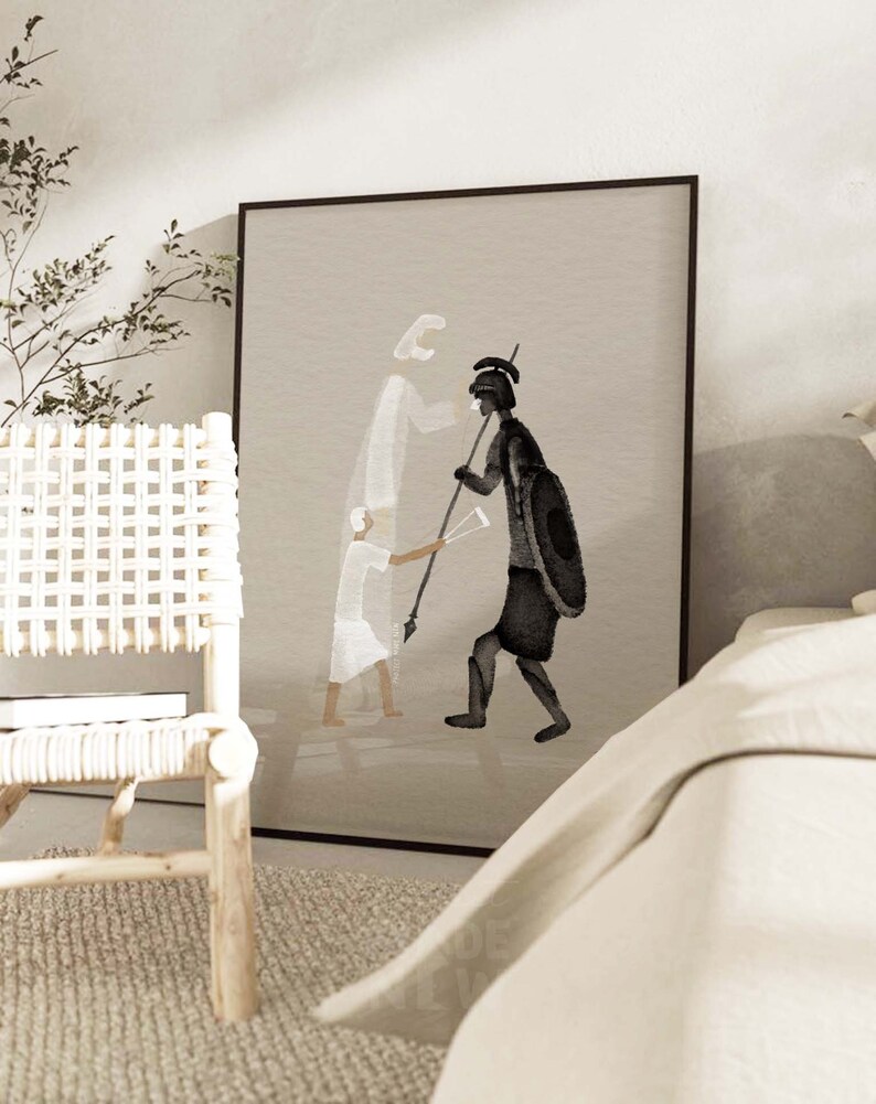 David and Goliath DIGITAL DOWNLOAD, Christian Modern Bible Art, Bible Story Wall Art, Jesus print, Bible Sketches, Christian Watercolor Gift