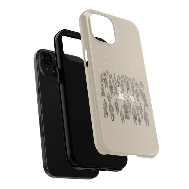 May include: A beige phone case with a black outline. The case features a black and white illustration of a couple walking away from a crowd of people. The couple is in the center of the image, and the crowd is surrounding them.