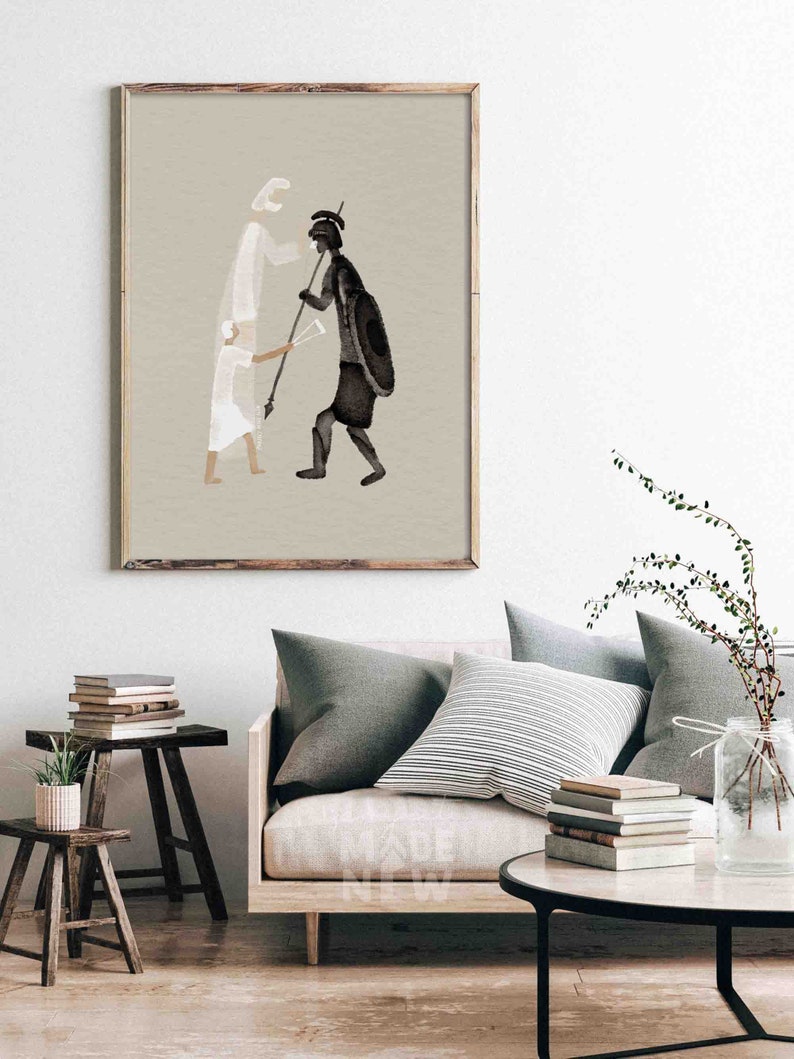 David and Goliath DIGITAL DOWNLOAD, Christian Modern Bible Art, Bible Story Wall Art, Jesus print, Bible Sketches, Christian Watercolor Gift