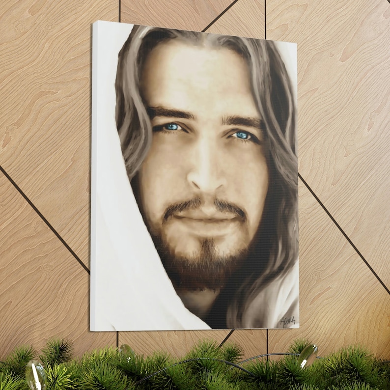 May include: A painting of a man with long brown hair and a beard. He is wearing a white robe and has blue eyes. The painting is done in a realistic style.