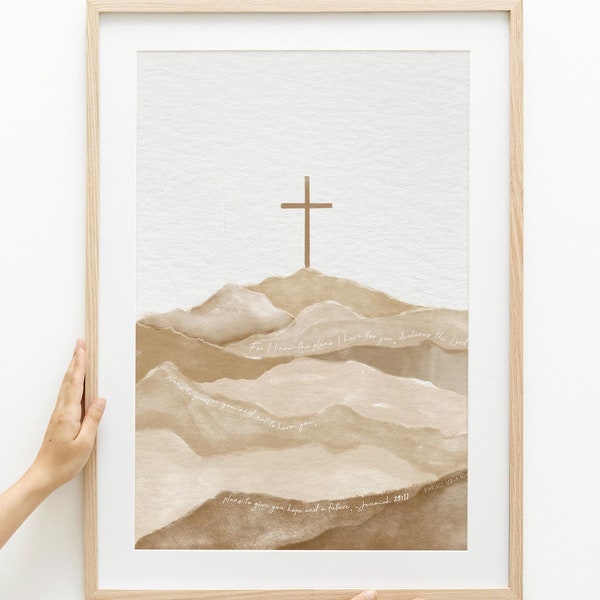 Lámina de acuarela con cruz, versículo bíblico de Jeremías 29:11 (descarga digital)