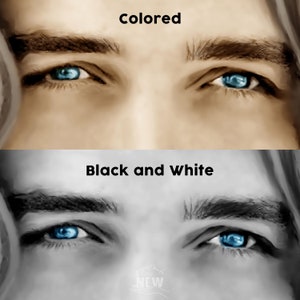 May include: A close-up of a person's eyes, one in color and the other in black and white. The colored eye is blue with a brown eyebrow, while the black and white eye is also blue with a black eyebrow. The image is split in half, with the top half showing the colored eye and the bottom half showing the black and white eye.