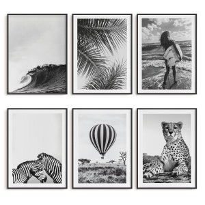 May include: A set of six black and white framed prints featuring various nature scenes. The prints include a wave crashing in the ocean, palm tree leaves, a woman surfing, a hot air balloon, zebras, and a cheetah.