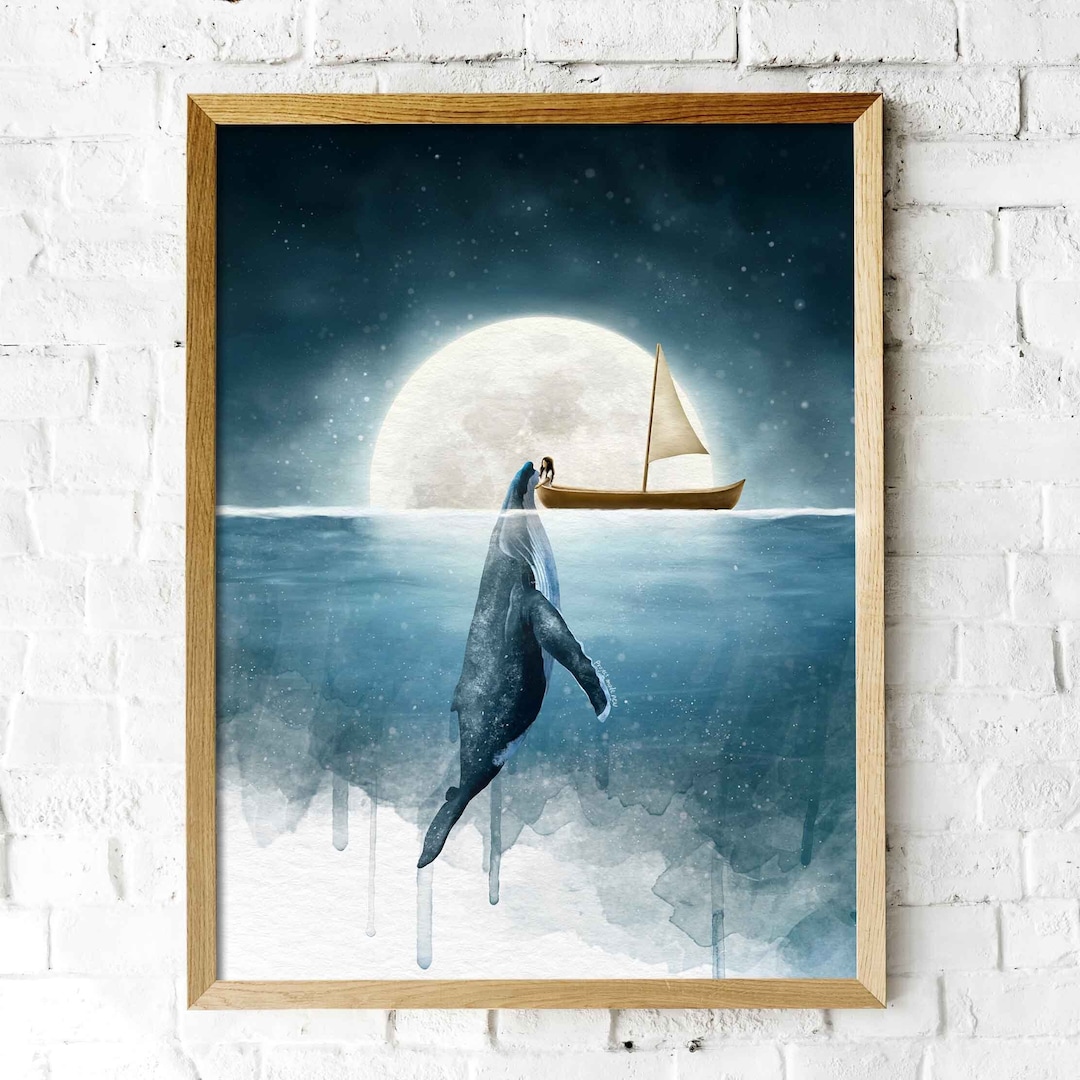 Whale Painting, Watercolor Painting, Whale Print, Whale and Boat and ...