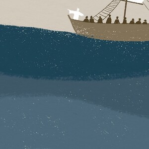 May include: A white-robed figure stands in a brown wooden boat with a group of people. The boat is on a blue body of water.