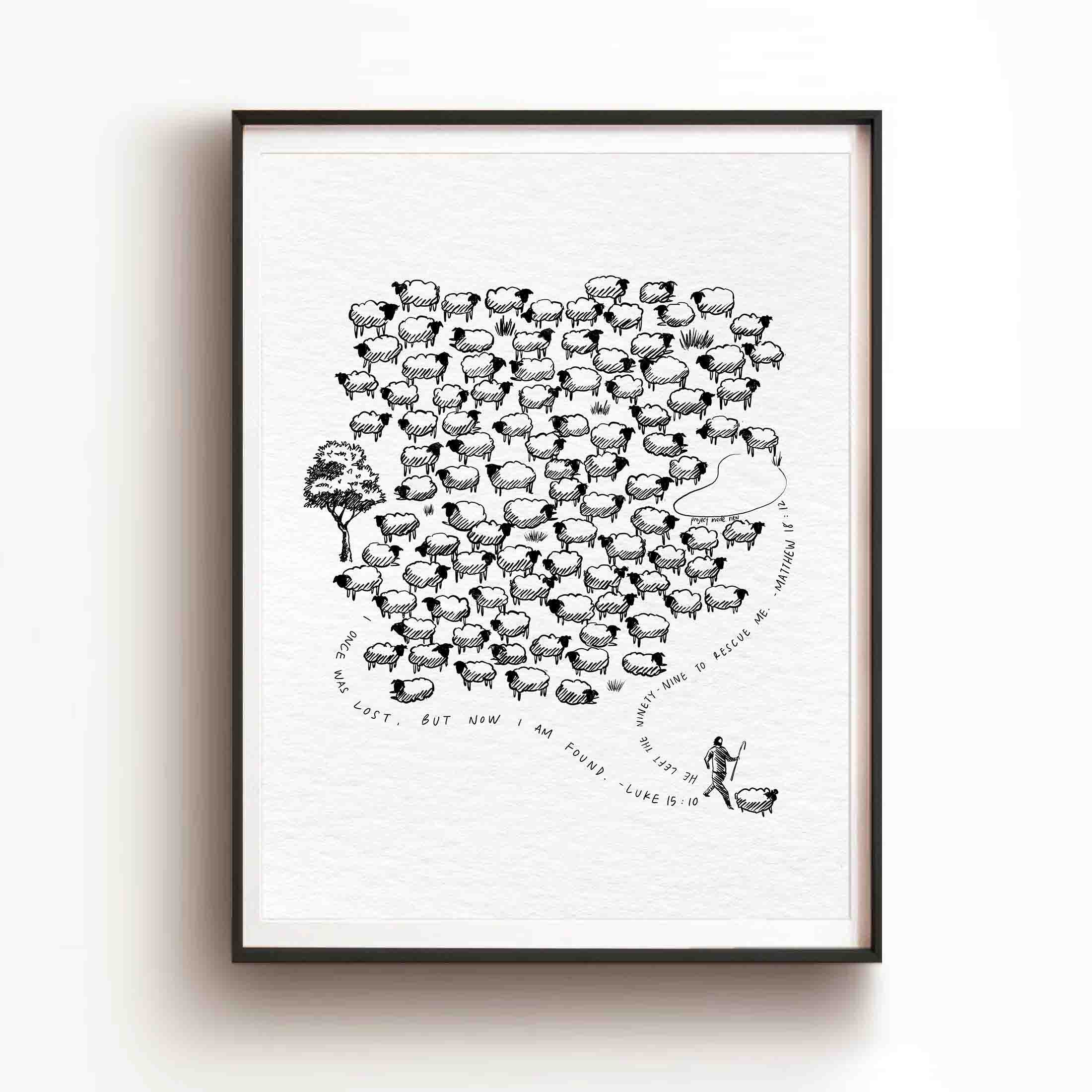 Jesus and Ninety-nine Sheep Print, Christian Bible Art (digital ...