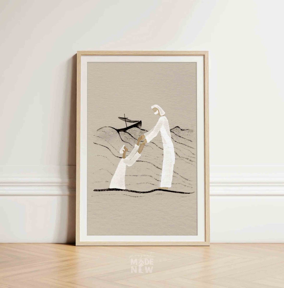 Jesus and Peter Walk on Water Print, Christian Bible Art (digital ...