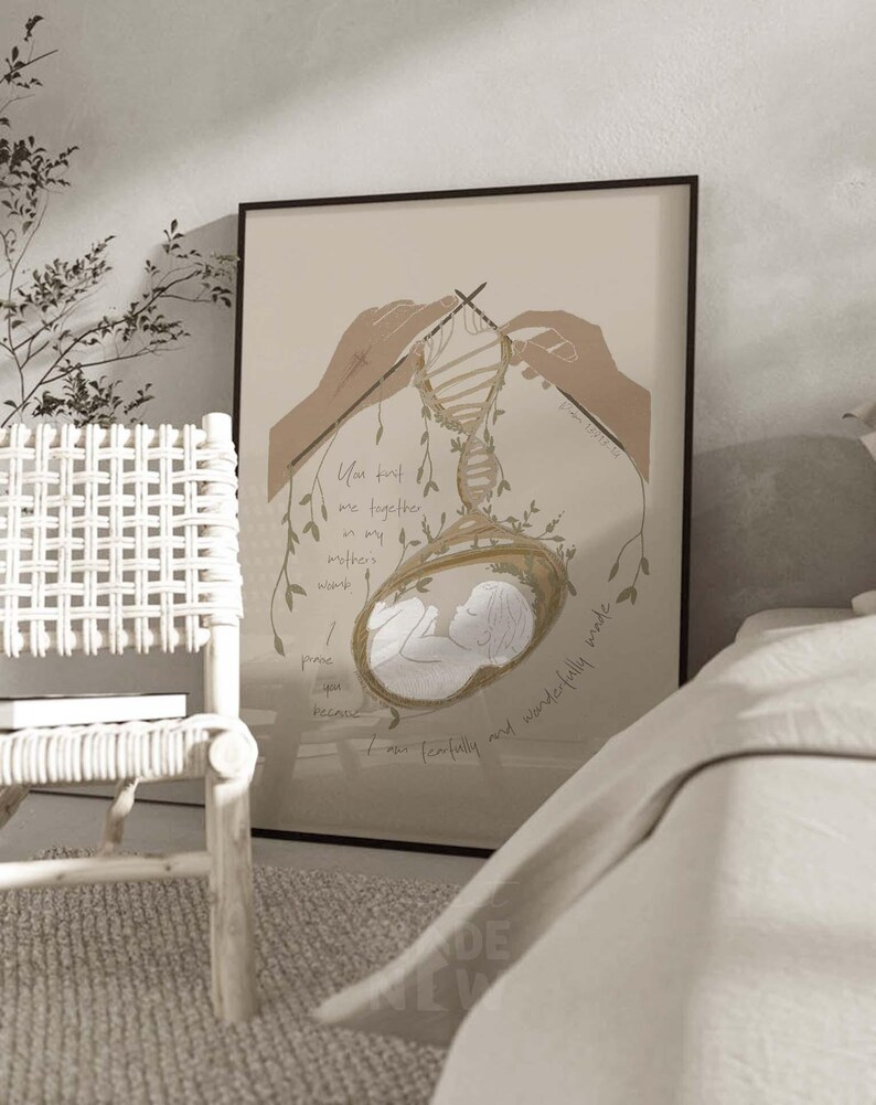 Knitted Me in My Mother's Womb Framed Poster, Psalm 139, Pregnancy print, Baby Nursery Birth Fearfully Made, Modern Christian Bible Wall Art