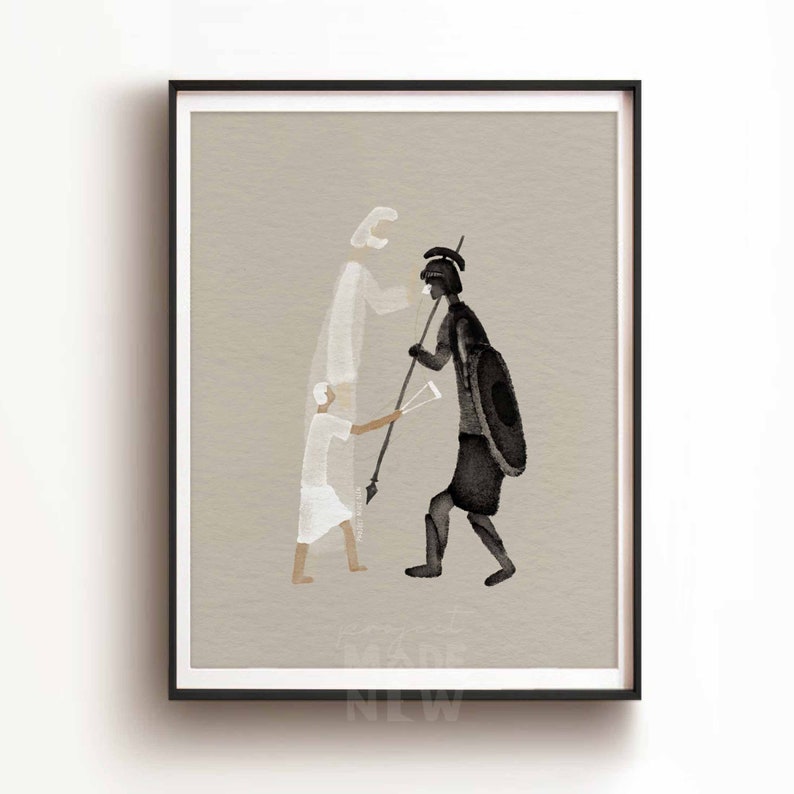 David and Goliath DIGITAL DOWNLOAD, Christian Modern Bible Art, Bible Story Wall Art, Jesus print, Bible Sketches, Christian Watercolor Gift