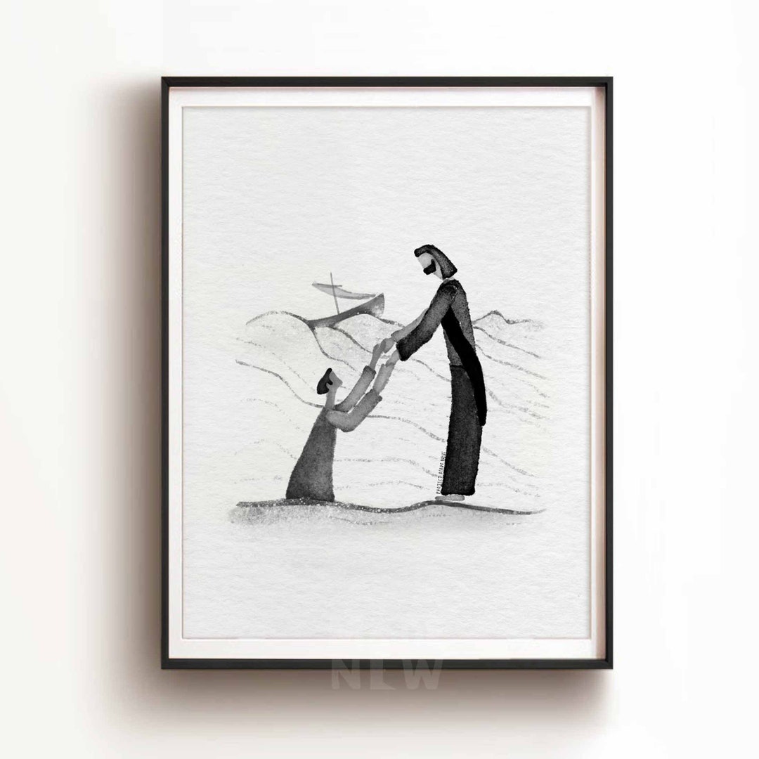 Jesus and Peter Walk on Water Print, Christian Bible Art (digital ...