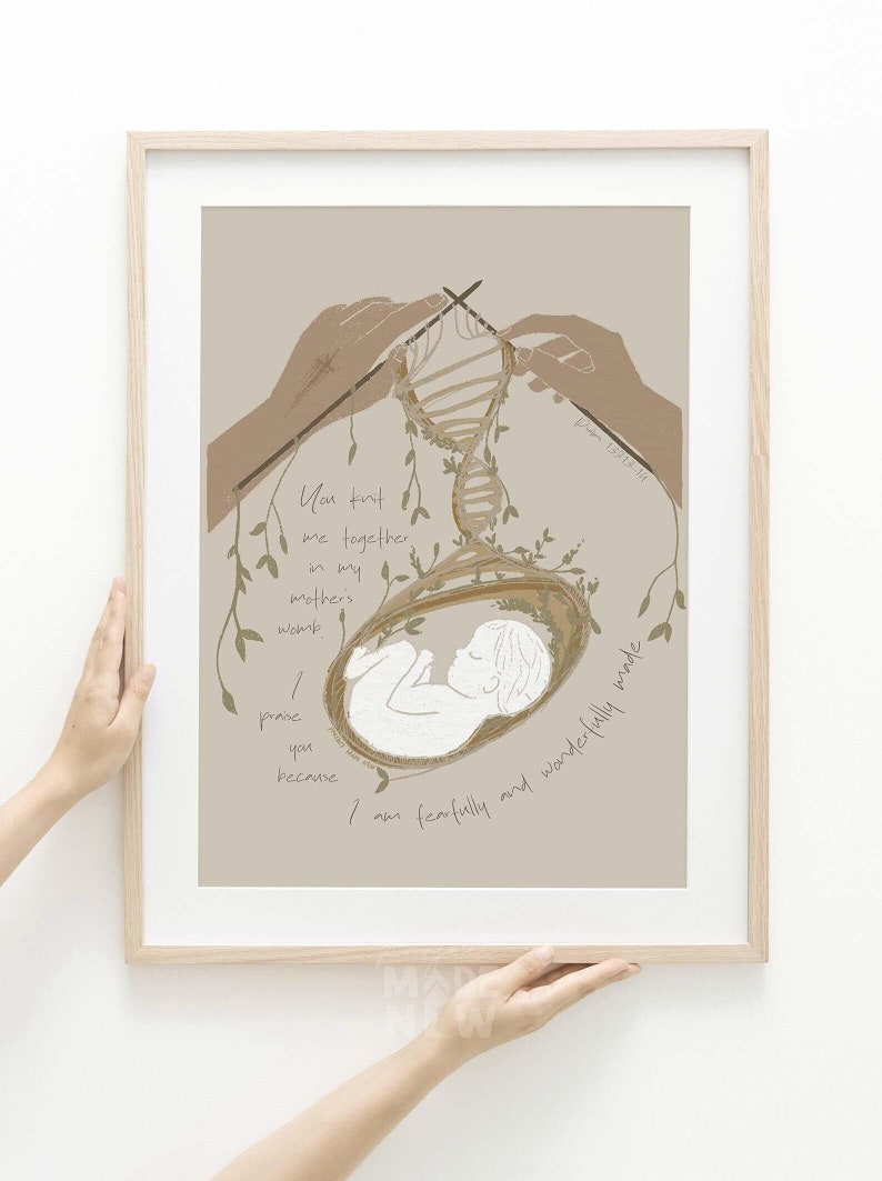 Knitted Me in My Mother's Womb Framed Poster, Psalm 139, Pregnancy print, Baby Nursery Birth Fearfully Made, Modern Christian Bible Wall Art