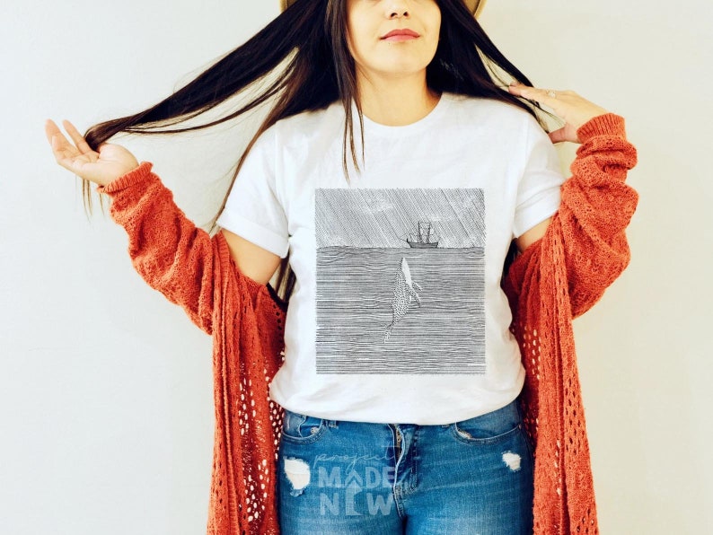 Koszulka z grafiką „Jonasz i wieloryb”, koszula chrześcijańska w stylu boho, biała i beżowa, wszystkie rozmiary zdjęcie 2