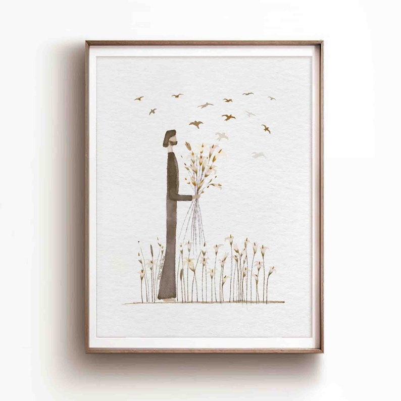 Puede incluir: Una pintura de acuarela de una persona de pie en un campo de hierba alta, sosteniendo un ramo de flores. Los p&aacute;jaros vuelan por encima en el cielo.
