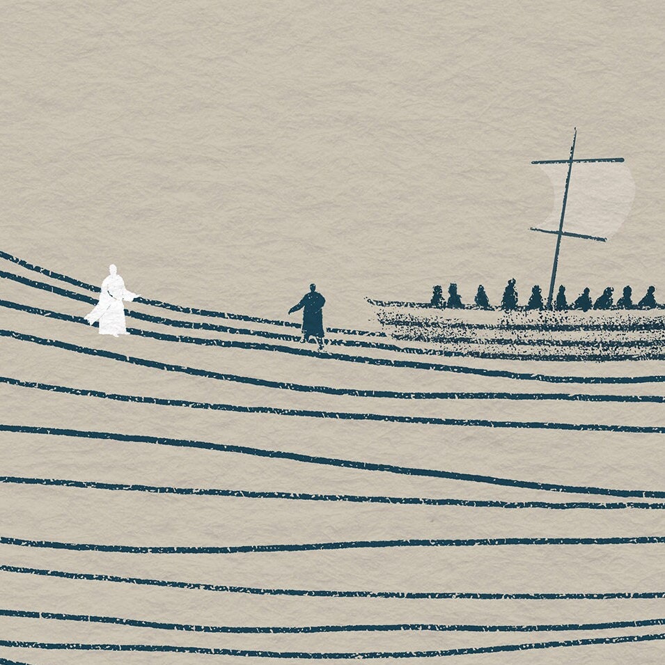 Jesus and Peter Walk on Water POSTER PRINT Christian Bible Art, Modern ...