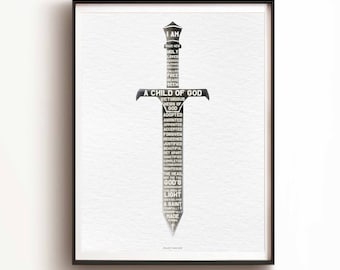 Espada do Espírito, Impressão artística com versículo bíblico cristão, Eu Sou, Identidade em Cristo