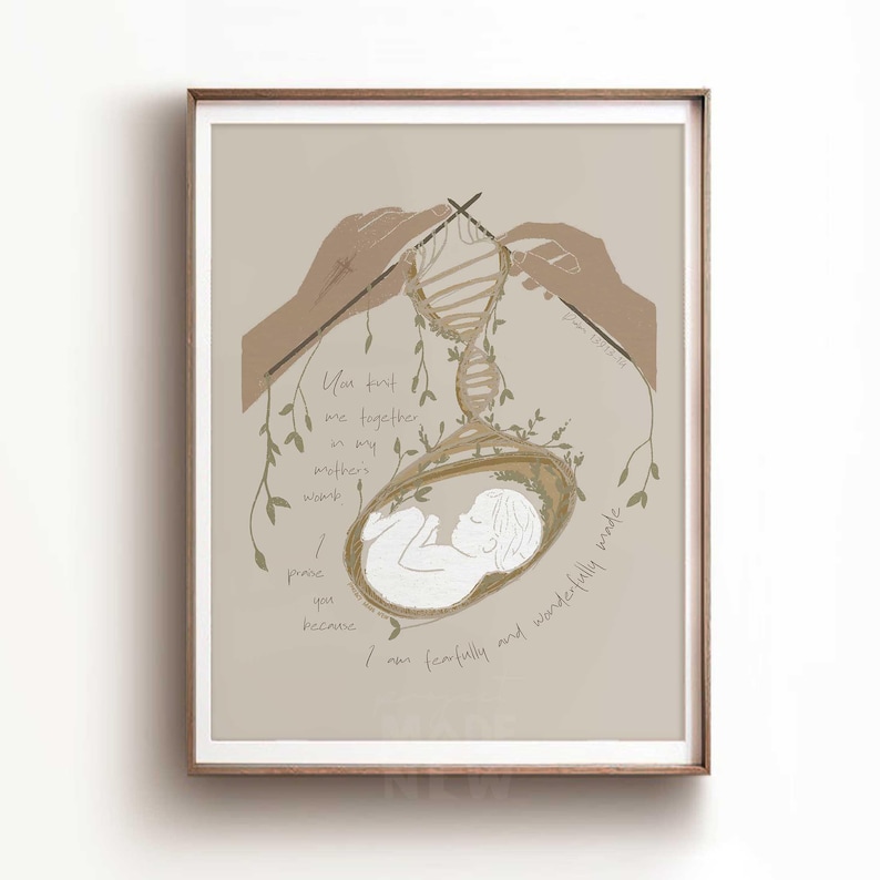 Knitted Me in My Mother's Womb Framed Poster, Psalm 139, Pregnancy print, Baby Nursery Birth Fearfully Made, Modern Christian Bible Wall Art