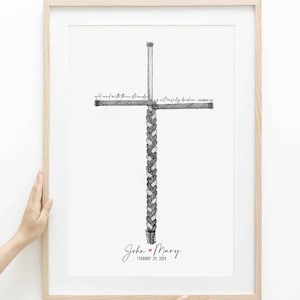 Puede incluir: Una ilustración en blanco y negro de un cordón trenzado con el texto "A cord with three strands is not quickly broken." y los nombres "John & Mary" con un símbolo de corazón y la fecha "February 24, 2024".