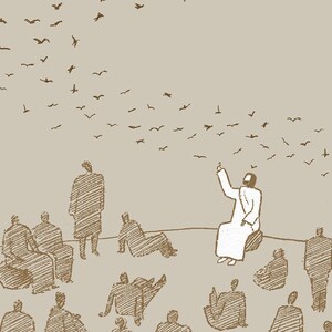 Pode incluir: Uma ilustra&ccedil;&atilde;o em marrom e branco de um homem com uma t&uacute;nica branca com o bra&ccedil;o levantado, cercado por uma multid&atilde;o de pessoas. Os p&aacute;ssaros voam sobre a multid&atilde;o.