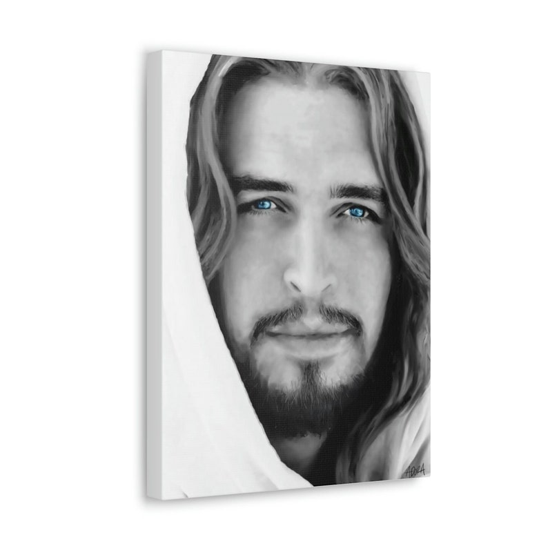 May include: Black and white portrait of a man with long hair and a beard. He has bright blue eyes and is wearing a white robe.