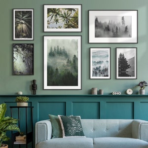 May include: A living room interior with a teal green wall and a light blue sofa. The wall is decorated with framed prints of forest scenes. The prints feature a variety of trees, including palm trees, pine trees, and ferns. The prints are arranged in a symmetrical pattern on the wall. The text "The world is yours to explore" is printed on one of the prints.