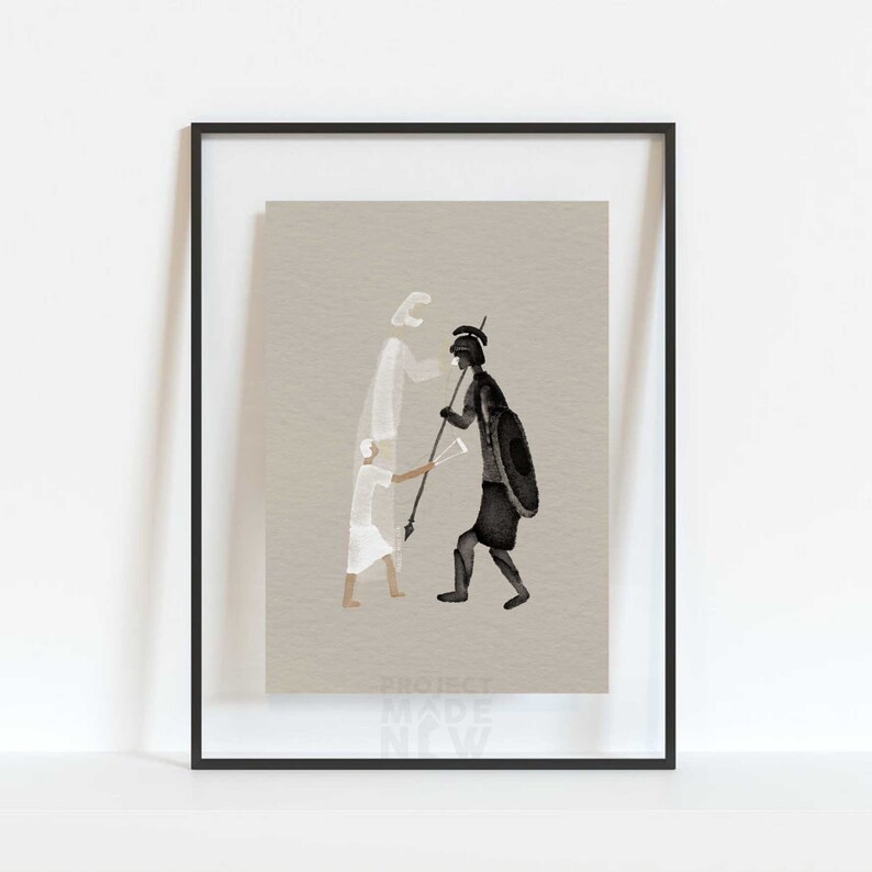 David and Goliath DIGITAL DOWNLOAD, Christian Modern Bible Art, Bible Story Wall Art, Jesus print, Bible Sketches, Christian Watercolor Gift
