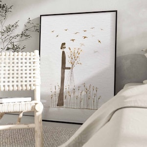 Puede incluir: Una pintura al agua enmarcada de una persona sosteniendo un ramo de flores secas con p&aacute;jaros volando por encima. La pintura es de estilo minimalista con una paleta de colores marr&oacute;n claro.