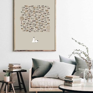 Puede incluir: Una impresi&oacute;n enmarcada beige con una ilustraci&oacute;n minimalista de un pastor con un bast&oacute;n que gu&iacute;a un reba&ntilde;o de ovejas. Las ovejas son de diferentes tonos de marr&oacute;n y gris, y hay un peque&ntilde;o &aacute;rbol y algo de hierba en el fondo.
