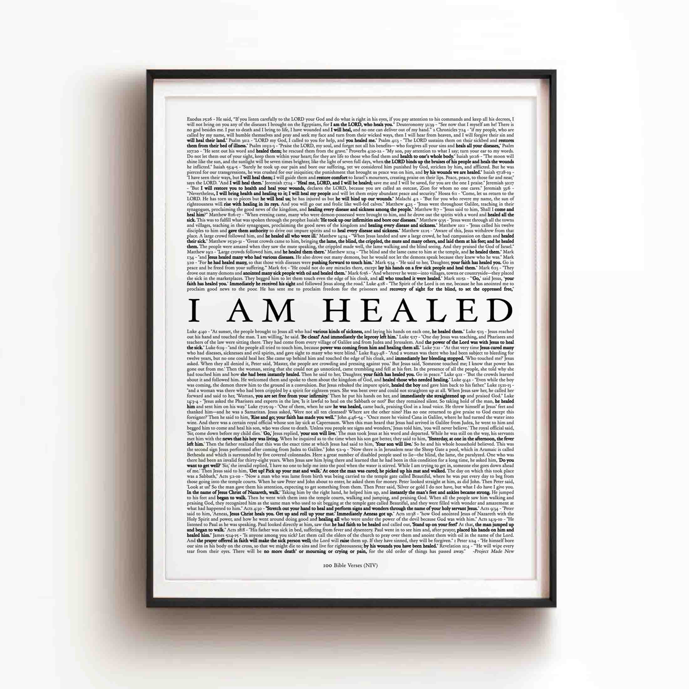 I Am Healed 100 Bible Verses on Healing Art, Christian Scripture Wall Decor, Baptism Encouragement Gift, Cancer Survivor, Modern Bible Print