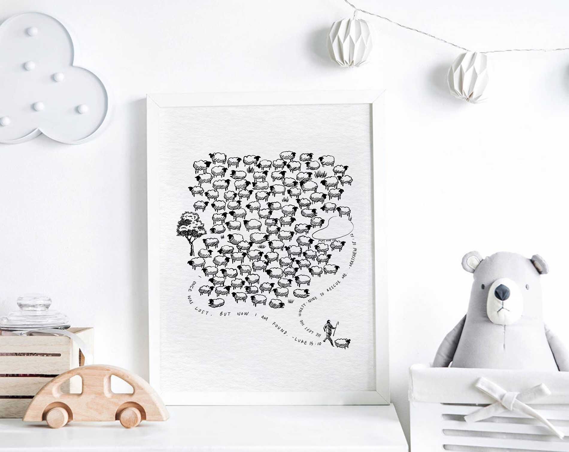 Jesus and Ninety-nine Sheep Print, Christian Bible Art (digital ...