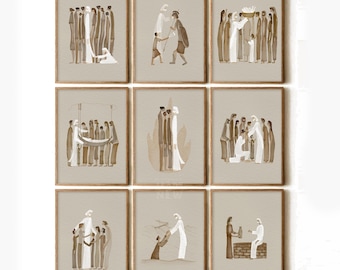 Conjunto de 9 obras de arte cristiano para pared, arte bíblico moderno cristiano, bocetos bíblicos, regalo cristiano de Jesús, impresión enmarcada, galería de arte, acuarela de las Escrituras