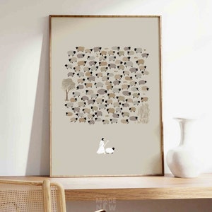 Puede incluir: Una impresi&oacute;n enmarcada de una ilustraci&oacute;n minimalista de una pastora con un vestido blanco que gu&iacute;a un reba&ntilde;o de ovejas. Las ovejas son de varios tonos de marr&oacute;n y gris, y el fondo es beige claro.