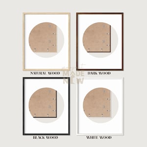 May include: Four different wood frames with a white background. The frames are natural wood, dark wood, black wood, and white wood. Each frame has a circle in the center with a brown paper background.